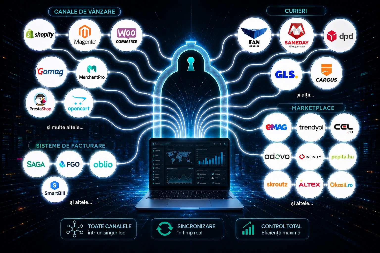 Magazine, marketplace-uri, curieri și sisteme de facturare conectate prin PortaSales la un singur laptop